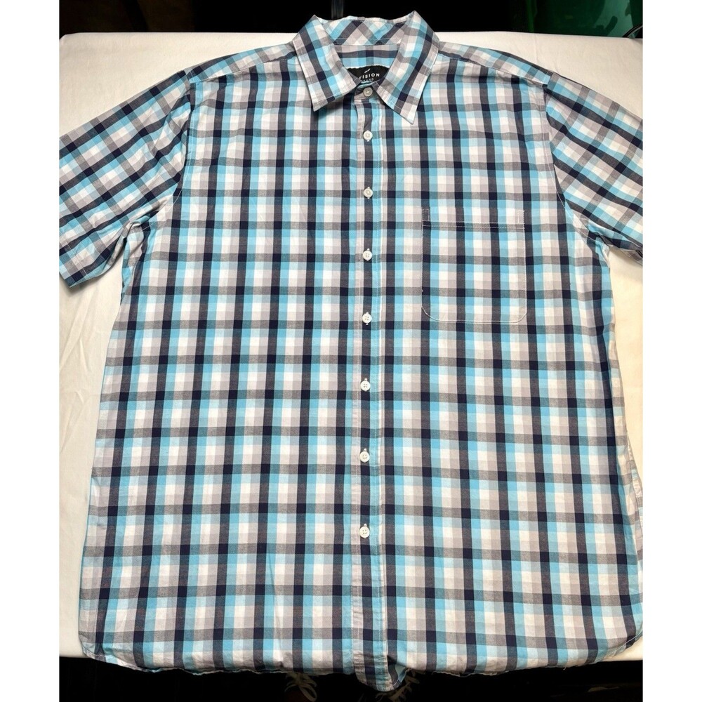Dvision Brand Men’s L Plaid Shirt Blue/White/Gray Short Sleeve Button-Up Pockets